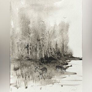 Original Watercolor Painting Deer Forest Landscape Art Bigfoot by Artettina USA